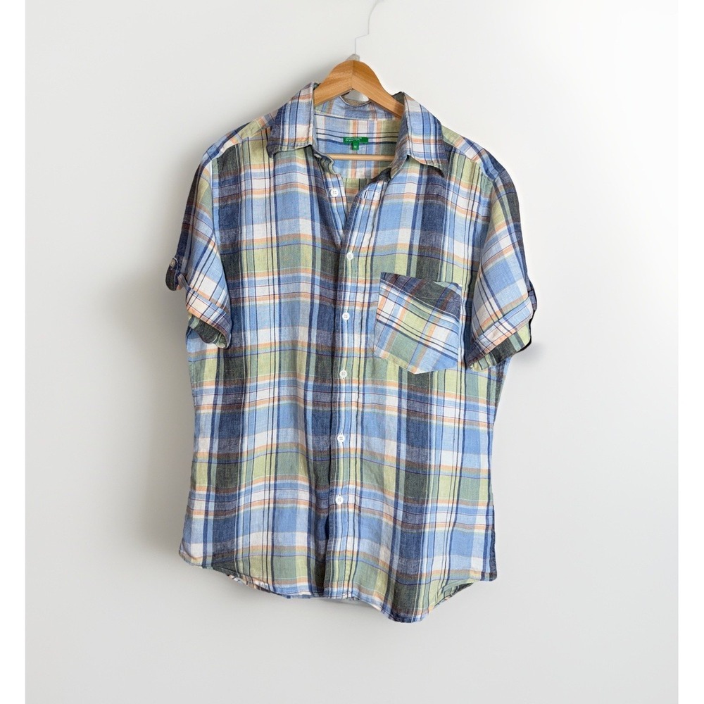 United Colors of Benetton Men's Plaid Linen Shirt Size M Short Sleeve Button Up